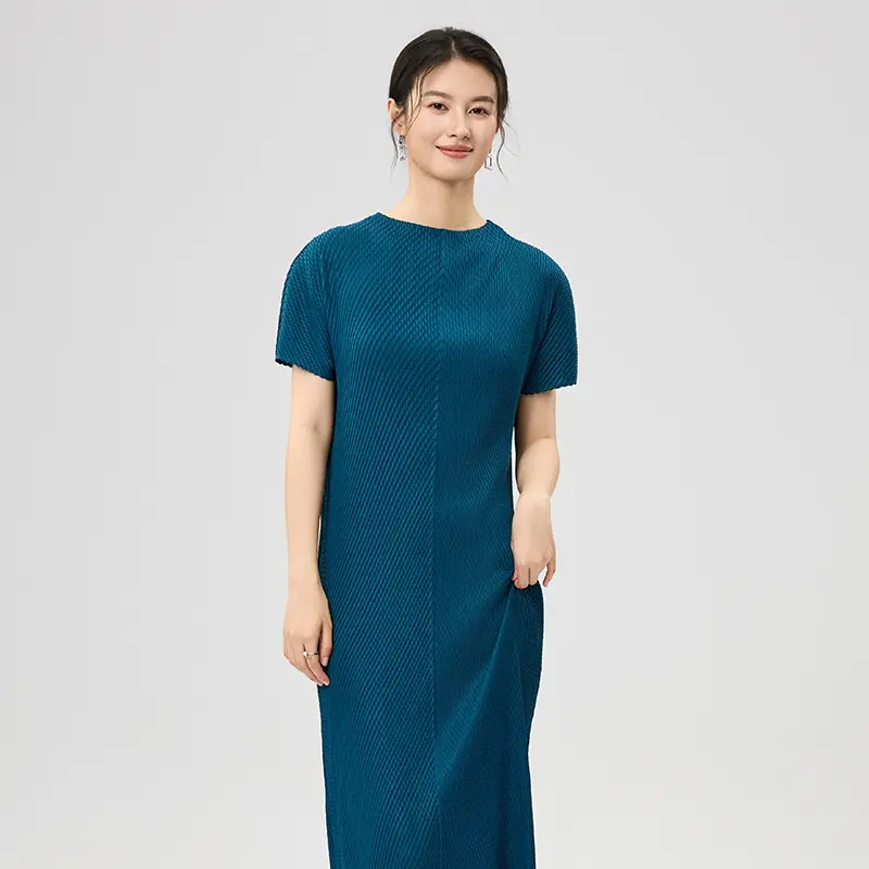 China Women’s Dark Blue Pleated Midi Dress – Minimalist Elegant Summer Dress Factories, Exporters