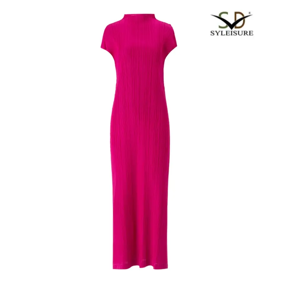 ODM Women's Mock Neck Short Sleeve Pleated Slim Fit Midi Dress Factories, Product