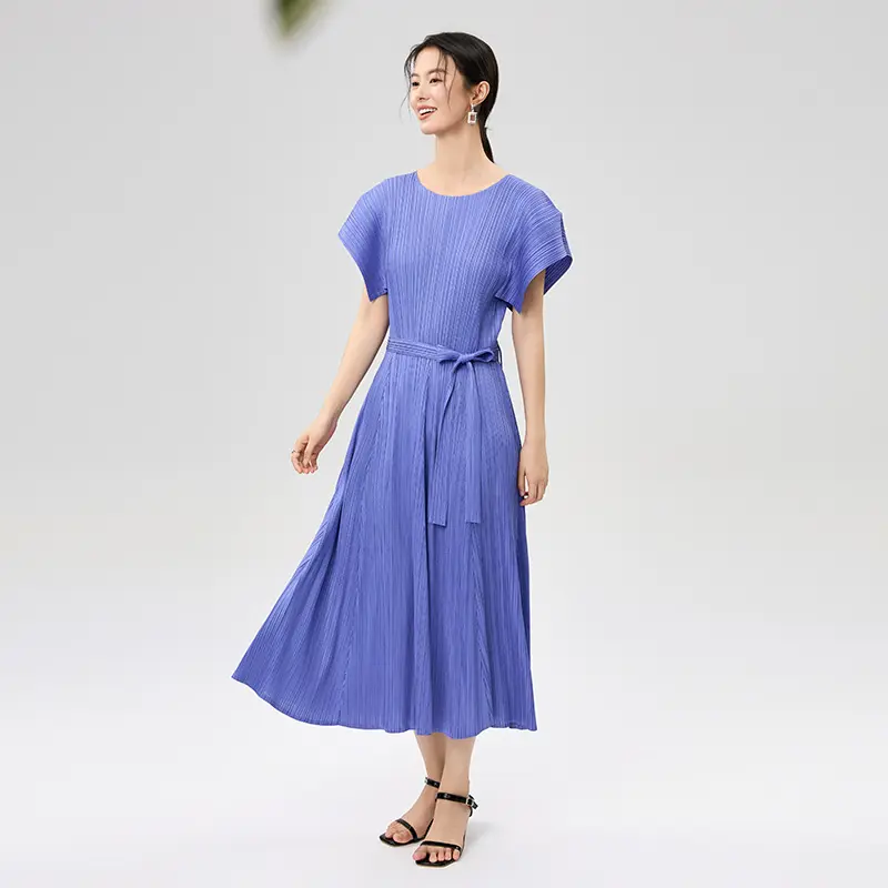 Wholesale Women’s Pleated Belted Midi Dress – Elegant Blue Purple Summer Dress Suppliers, Product