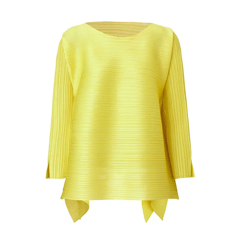Famous Women’s Pleated Long Sleeve Top – Asymmetrical Hem Blouse in Lemon Yellow Exporters, Service