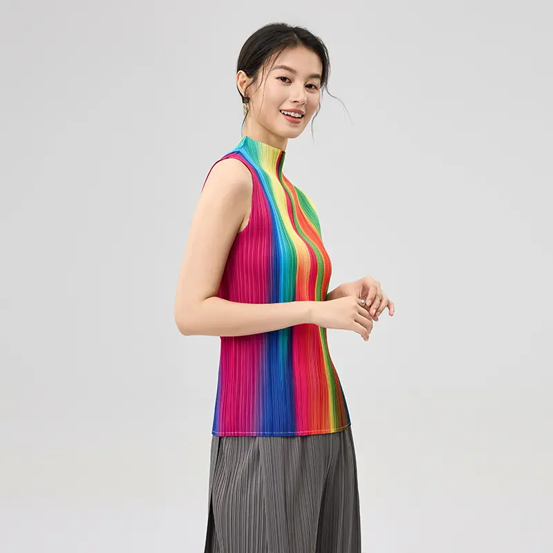 Best Women’s Sleeveless Pleated Top – High Neck Rainbow Striped Blouse Factory, Service