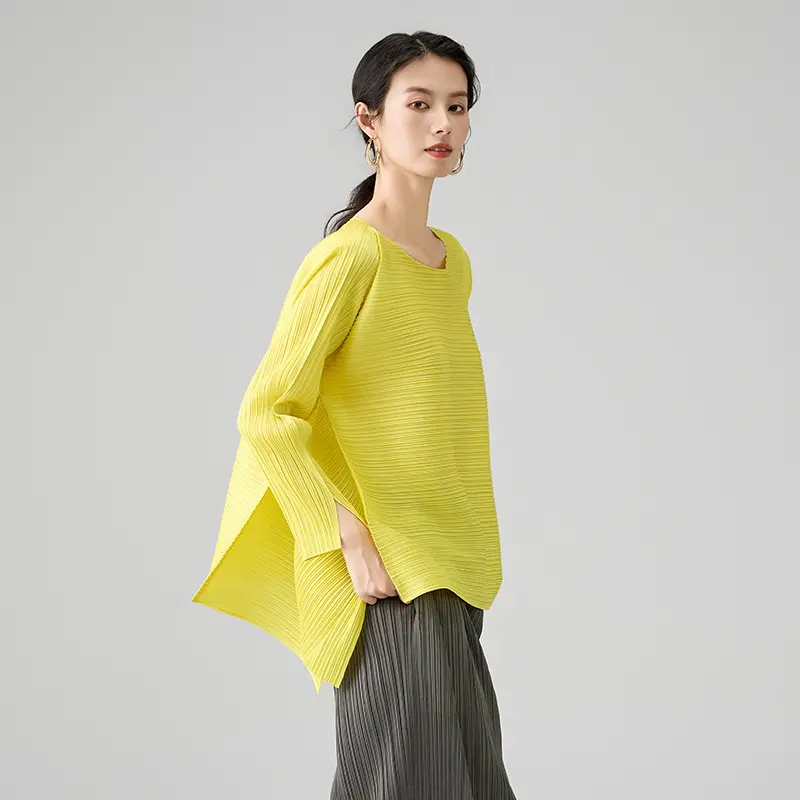 Famous Women’s Pleated Long Sleeve Top – Asymmetrical Hem Blouse in Lemon Yellow Exporters, Service