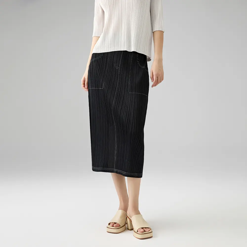 OEM Women’s Pleated Midi Skirt – Elastic Waist Straight Skirt with Pockets Supplier, Factory