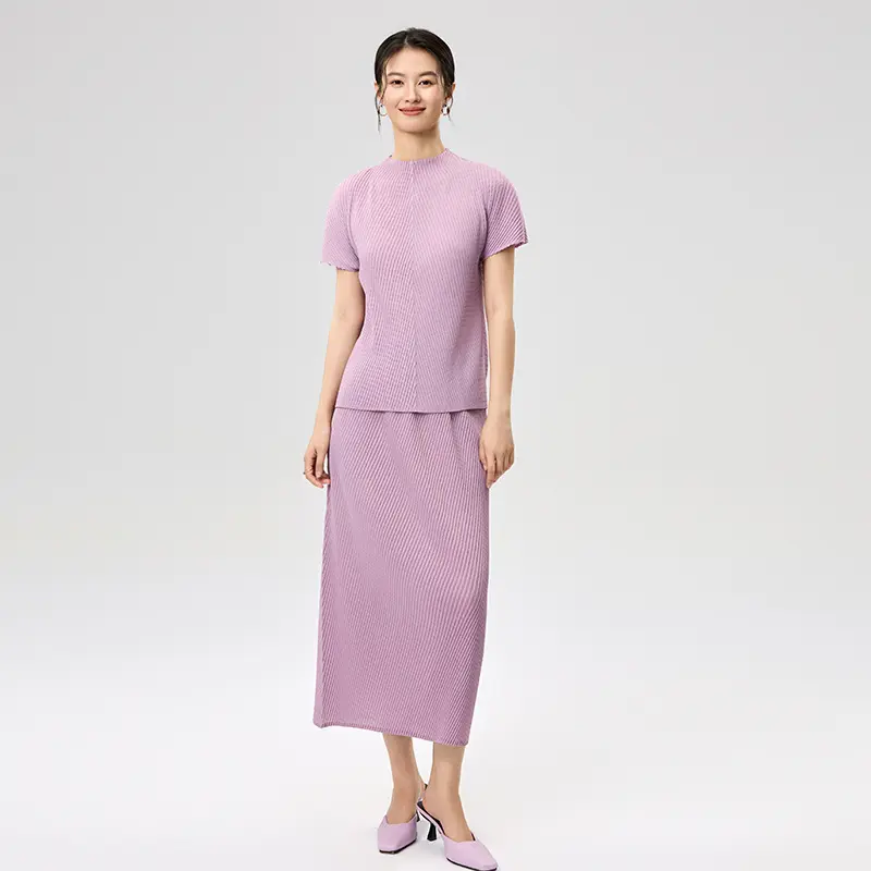 OEM Women’s Pleated Short Sleeve Top and Midi Skirt Set – Lightweight Two-Piece Outfit Exporter, Service