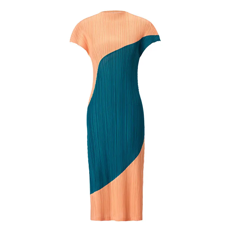 High-Quality Women’s Colorblock Pleated Midi Dress – Short Sleeve Loose-Fit Contrast Panel Dress Company, Service