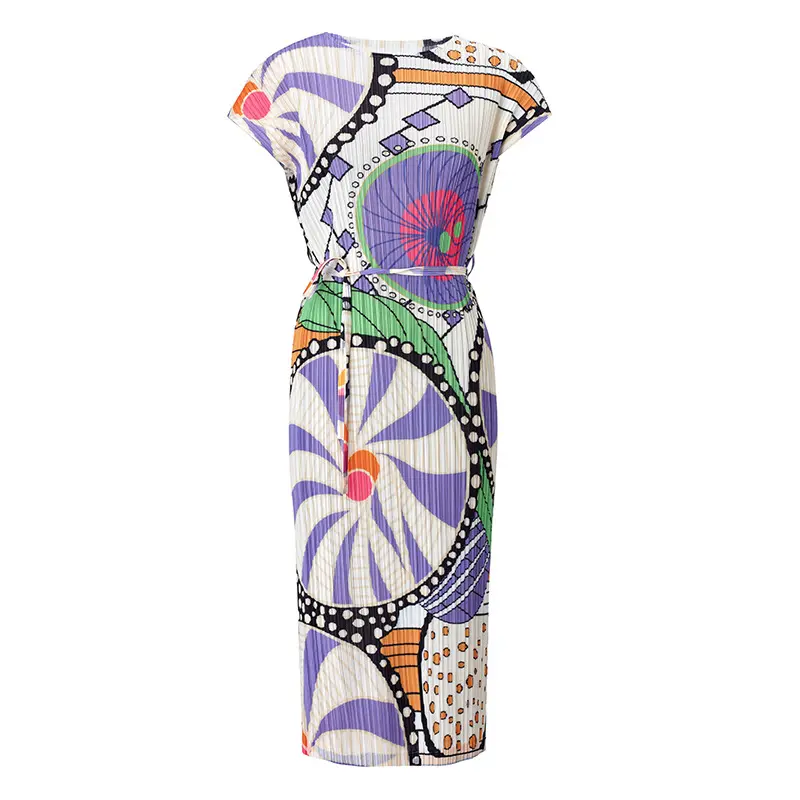 Best Women’s Abstract Print Pleated Midi Dress with Waist Tie – Short Sleeve Artistic Pattern Dress Manufacturers, Factory