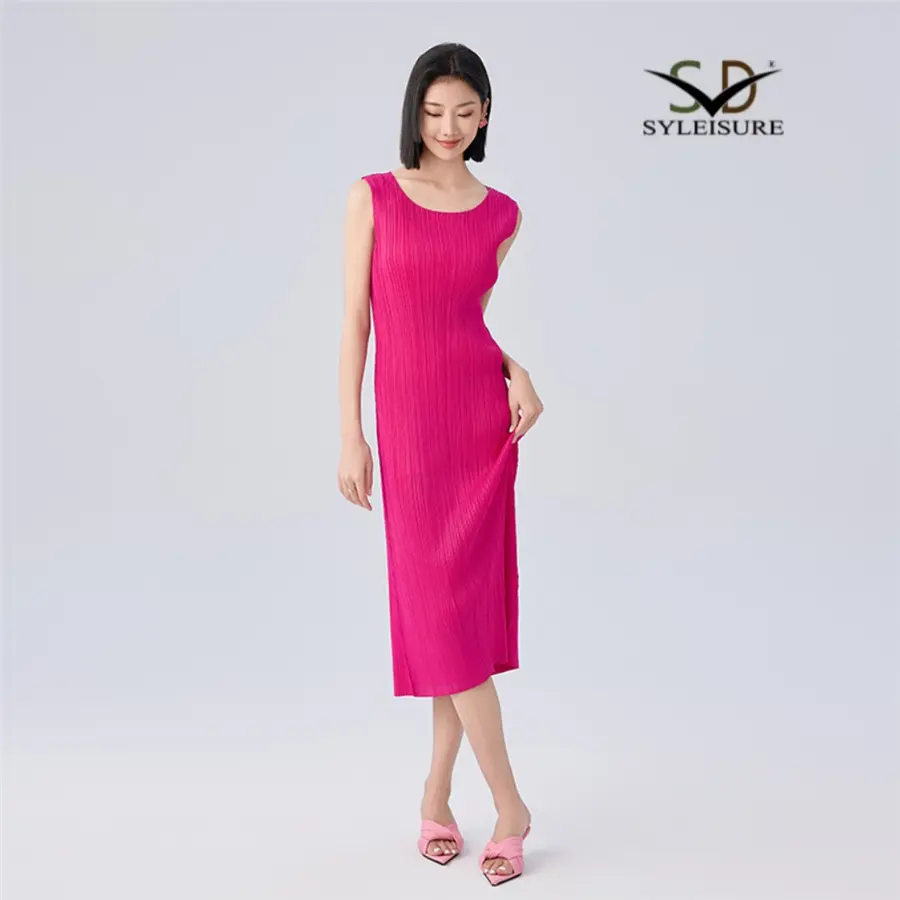 Best Women's Round Neck Sleeveless Pleated Slim Fit Midi Dress Company, Product