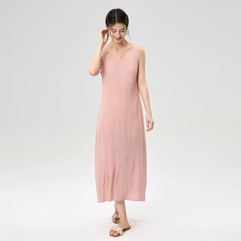 ODM Women’s Pink Sleeveless Pleated Maxi Dress – Lightweight & Elegant Summer Dress Factory, Companies