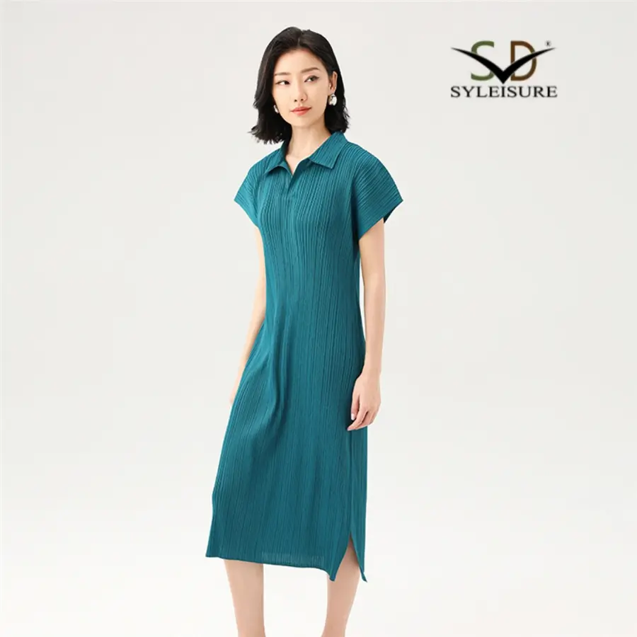 High-Quality Women's Polo Neck Short Sleeve Pleated Slim Fit Midi Dress Company, Product