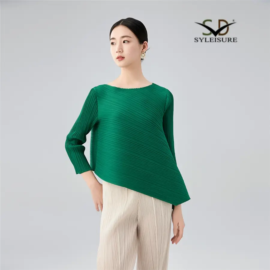 Famous Women's Boat Neck Three - Quarter Sleeve Pleated Asymmetric Top Suppliers, Exporters