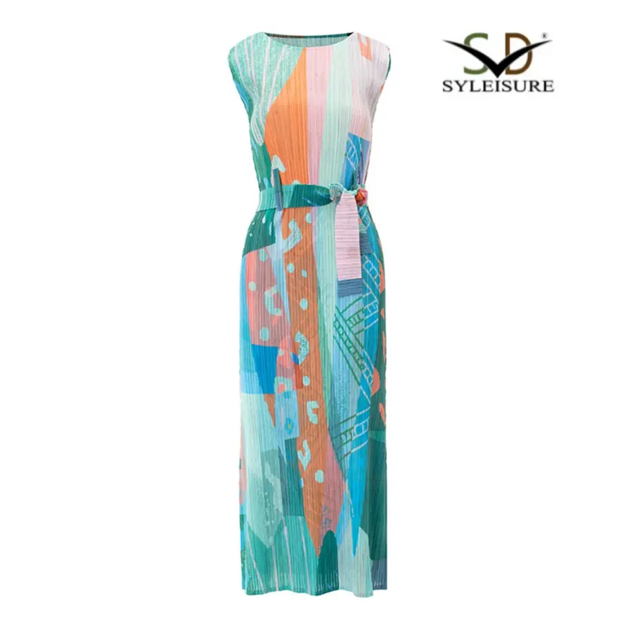 OEM Women's Abstract Print Sleeveless Midi Dress – Colorful Pleated Summer Dress Factories, Exporter