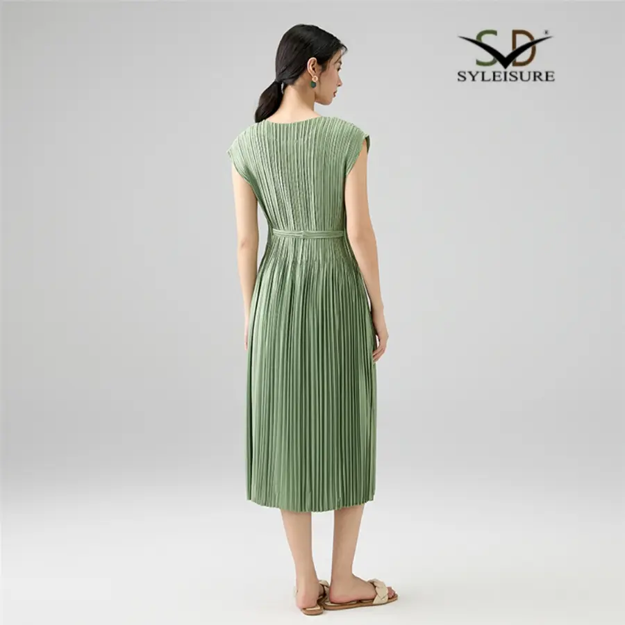 High-Quality Women's Elegant Green Pleated Midi Dress – Short Sleeve Belted Dress Product, Products