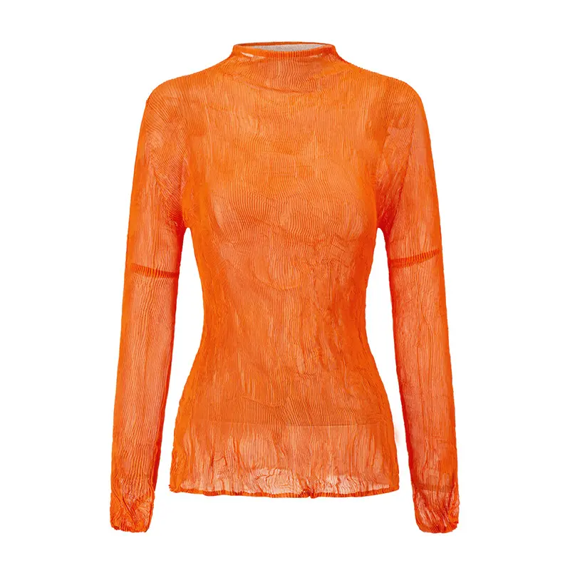 China Women’s High Neck Pleated Slim Fit Top – Long Sleeve Lightweight Blouse Factories, Product