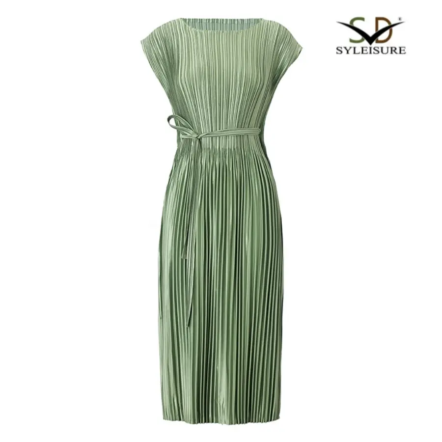 High-Quality Women's Elegant Green Pleated Midi Dress – Short Sleeve Belted Dress Product, Products