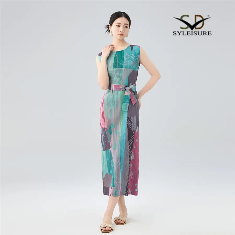 OEM Women's Abstract Print Sleeveless Midi Dress – Colorful Pleated Summer Dress Factories, Exporter