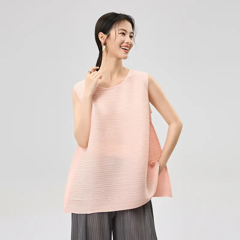 Wholesale Women’s Pleated Sleeveless Top – Loose Fit Tank Blouse in Peach Pink Exporter, Companies