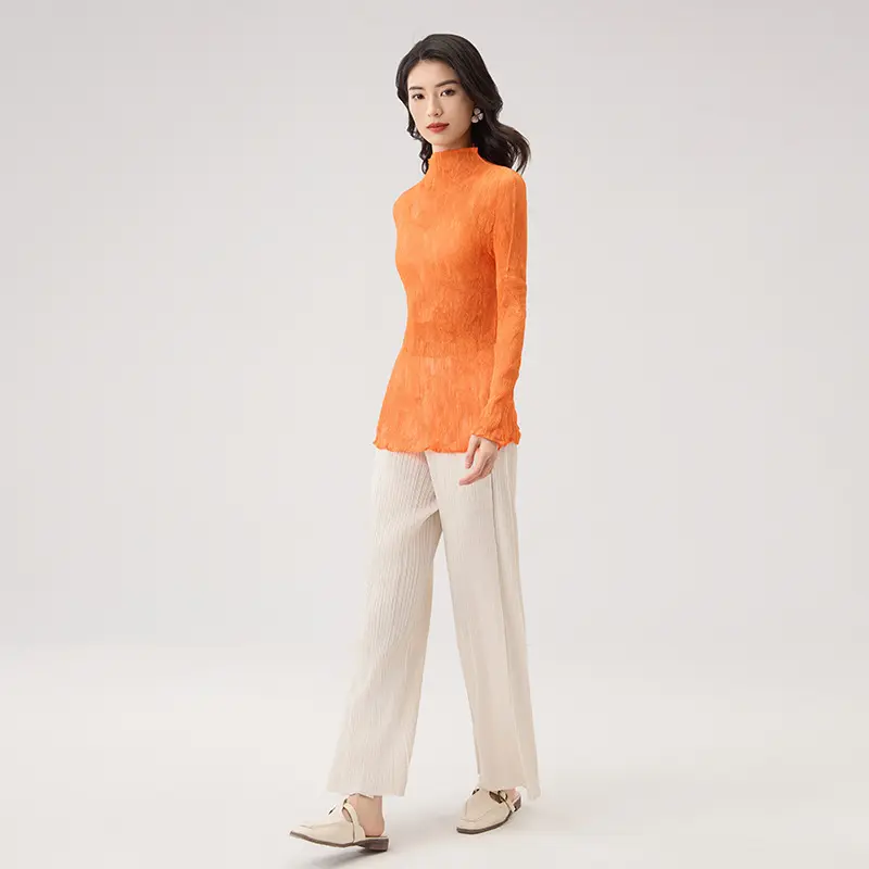 China Women’s High Neck Pleated Slim Fit Top – Long Sleeve Lightweight Blouse Factories, Product
