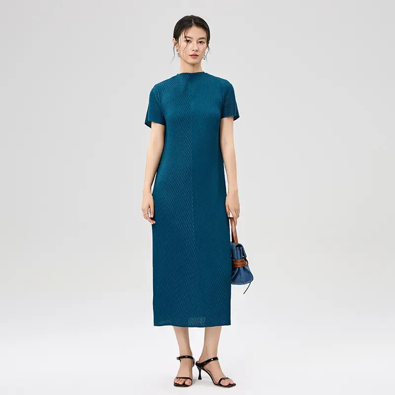 China Women’s Dark Blue Pleated Midi Dress – Minimalist Elegant Summer Dress Factories, Exporters