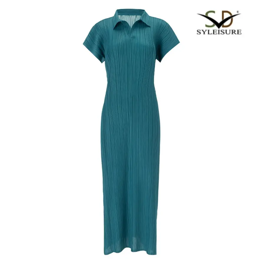 High-Quality Women's Polo Neck Short Sleeve Pleated Slim Fit Midi Dress Company, Product