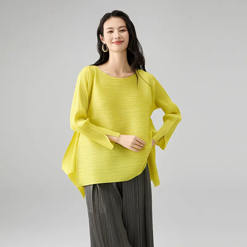 Famous Women’s Pleated Long Sleeve Top – Asymmetrical Hem Blouse in Lemon Yellow Exporters, Service