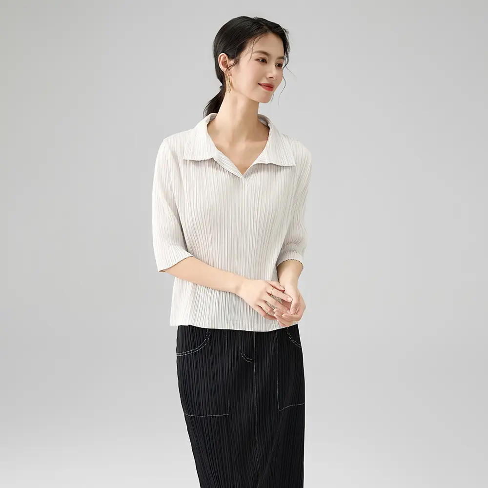 High-Quality Women’s Pleated Blouse – Collared Half-Sleeve Slim Fit Top Manufacturers, Service