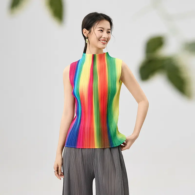 Best Women’s Sleeveless Pleated Top – High Neck Rainbow Striped Blouse Factory, Service