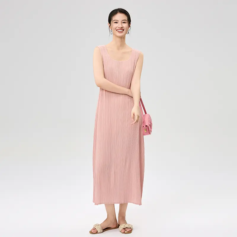 ODM Women’s Pink Sleeveless Pleated Maxi Dress – Lightweight & Elegant Summer Dress Factory, Companies
