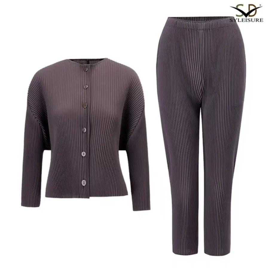 ODM Women's Round Neck Three - Quarter Sleeve Pleated Cardigan, Top and Pants Set Suppliers, Factory