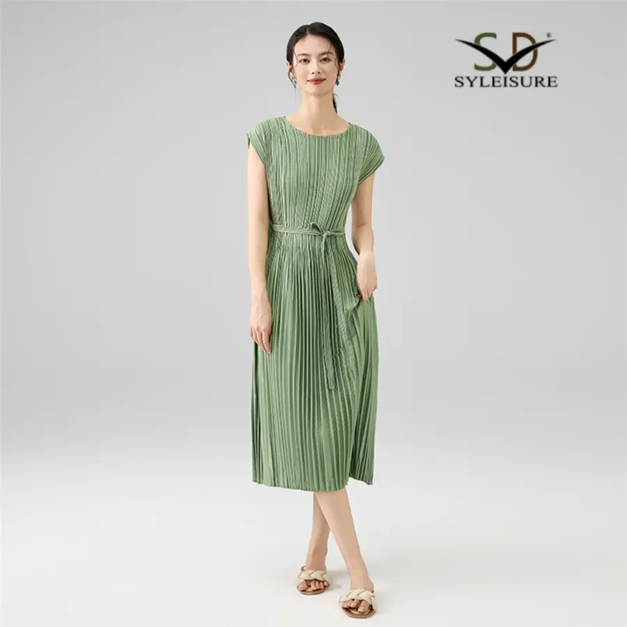 High-Quality Women's Elegant Green Pleated Midi Dress – Short Sleeve Belted Dress Product, Products