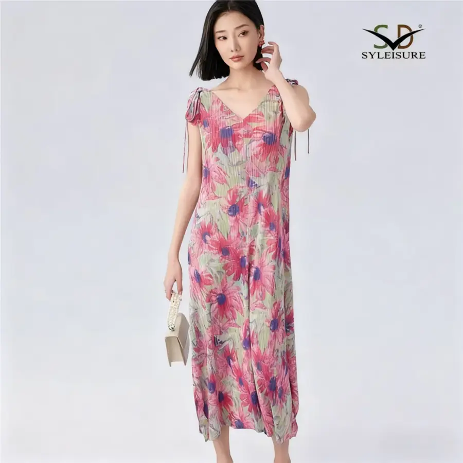 Famous Women's Floral - Printed Pleated Sleeveless Midi Dress Factories, Companies