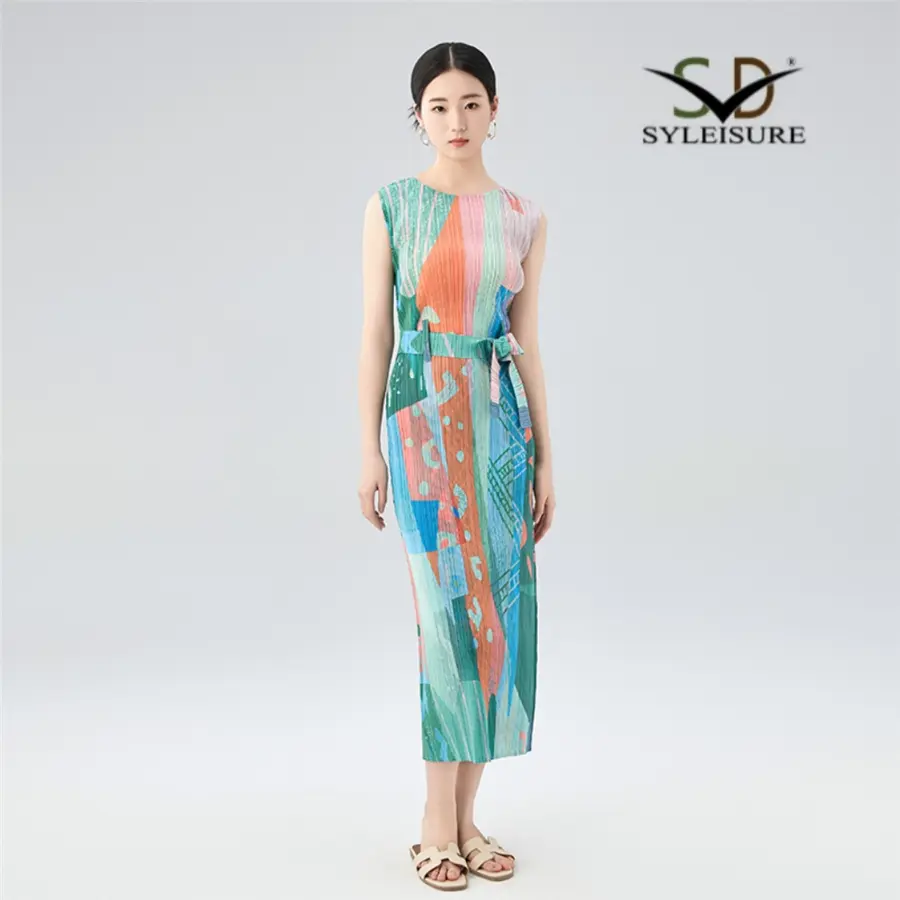 OEM Women's Abstract Print Sleeveless Midi Dress – Colorful Pleated Summer Dress Factories, Exporter