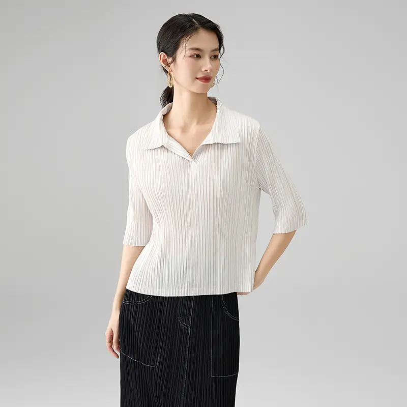 High-Quality Women’s Pleated Blouse – Collared Half-Sleeve Slim Fit Top Manufacturers, Service