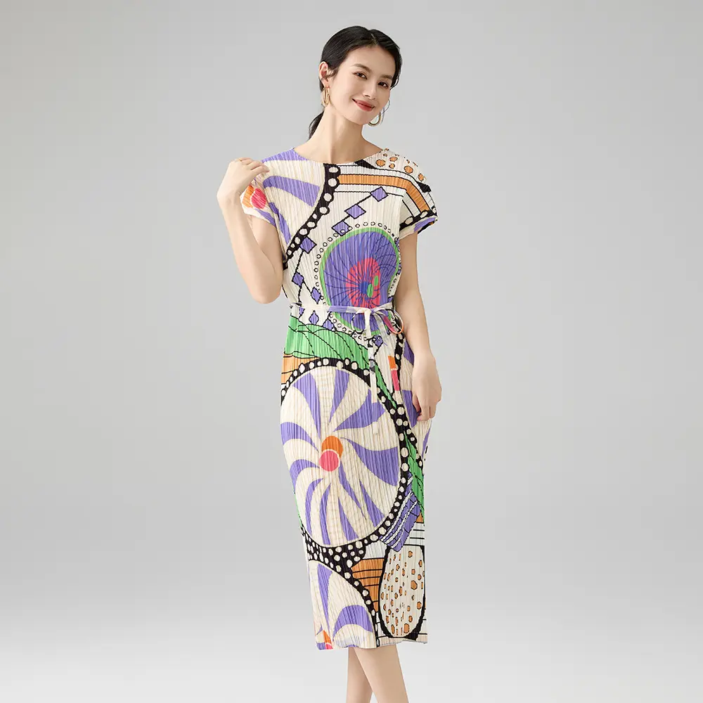 Best Women’s Abstract Print Pleated Midi Dress with Waist Tie – Short Sleeve Artistic Pattern Dress Manufacturers, Factory