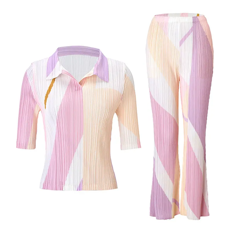 ODM Women’s Colorblock Pleated Top and Pants Set – Lightweight Stretchy Two-Piece Outfit Factories, Service