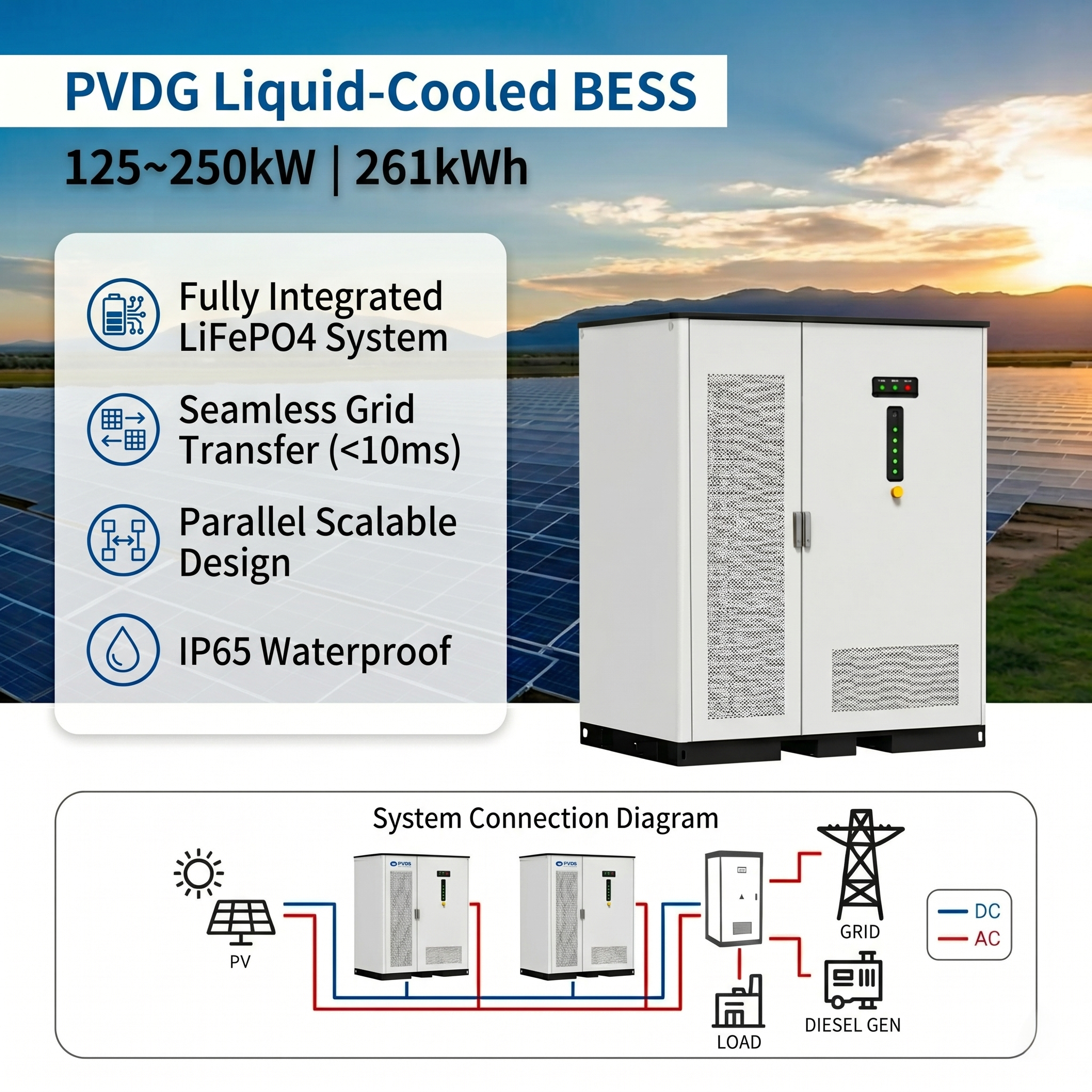 Hybrid Microgrid BESS 261kWh 250kW PV Diesel ESS 3 Phase 400V Industrial Solar Energy Storage System