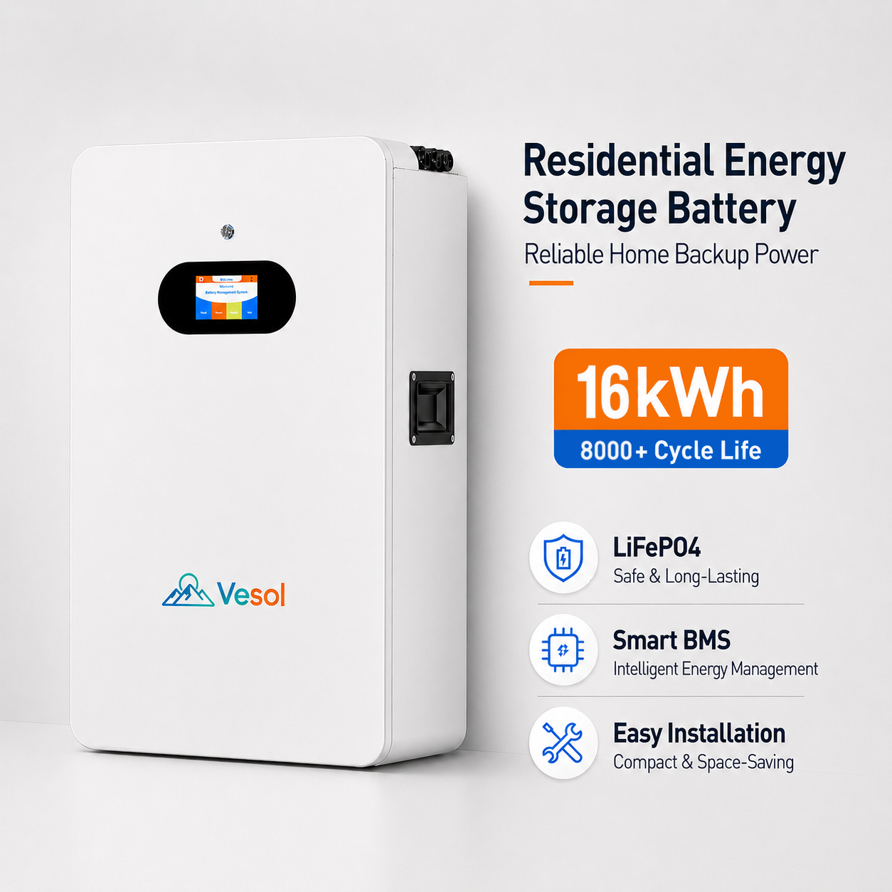 16kWh Split Hybrid Grid Wall-Mounted LiFePO4 Solar Battery 51.2V CAN Home Energy Storage System for Residential Backup Power