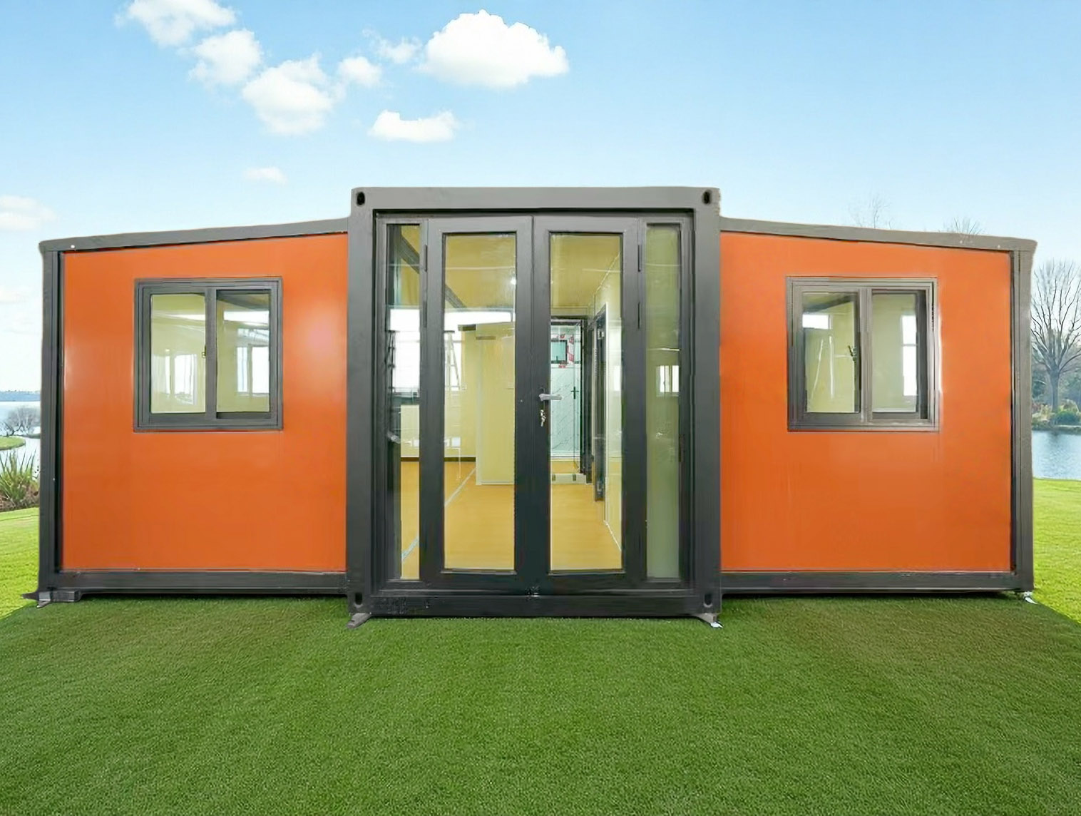 Container houses packed for global shipping