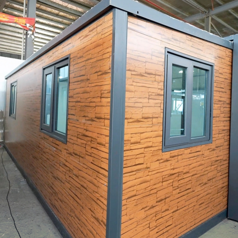 Wholesale 20FT Double Wing Expandable Container House Reddish Brown Stone Pattern Modular Glamping Cabin Manufacturer, Supplier