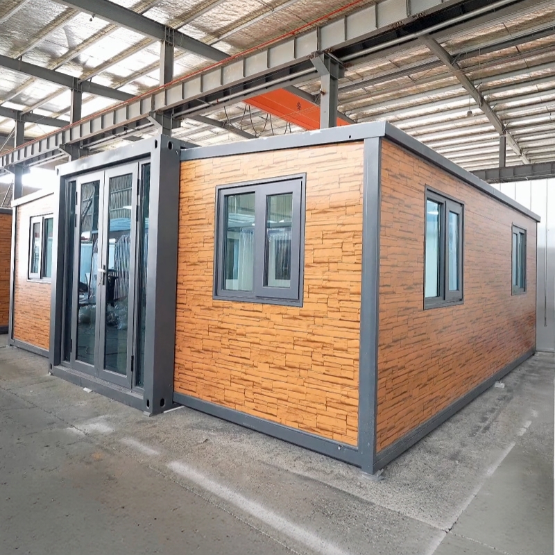 Wholesale 20FT Double Wing Expandable Container House Reddish Brown Stone Pattern Modular Glamping Cabin Manufacturer, Supplier