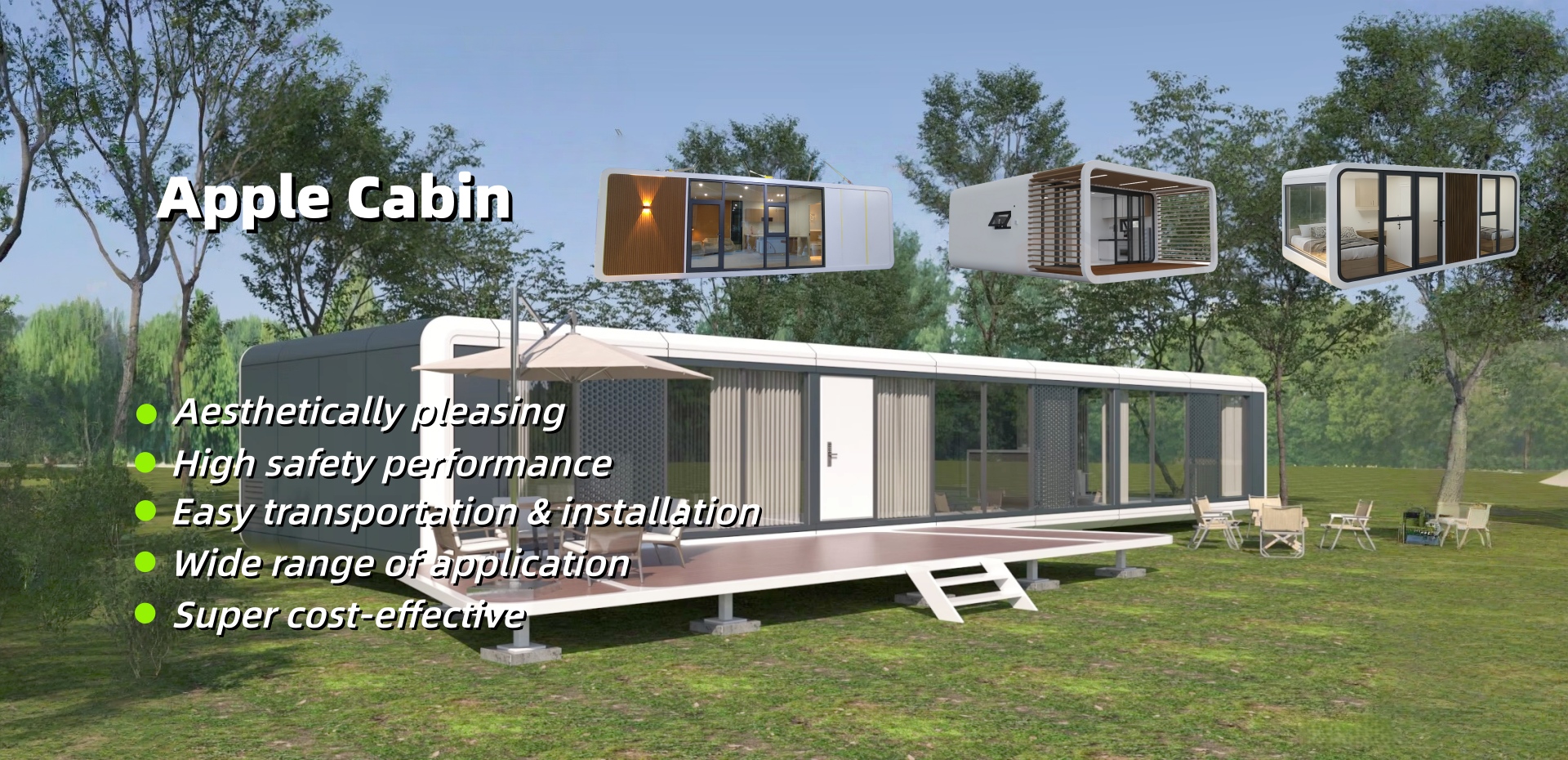 PrimeHome apple cabin prefab home with panoramic glazing in a landscape setting