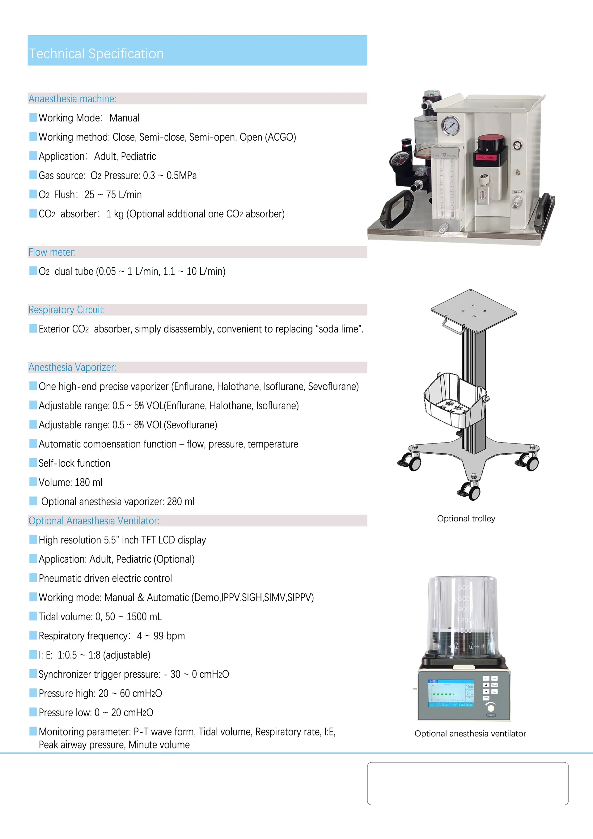 Máquina de anestesia portátil ligera alimentada por batería con control de vaporizador
