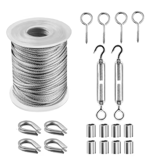 19PCS Garden Wire Cable Railing Kits 15m/50FT PVC Coated Stainless Steel Lag Screw Eye Screw, Turnbuckle Wire Tensioner