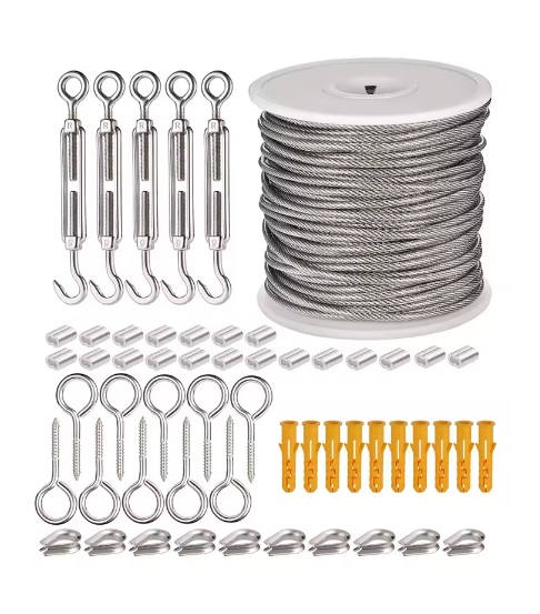 19PCS Garden Wire Cable Railing Kits 15m/50FT PVC Coated Stainless Steel Lag Screw Eye Screw, Turnbuckle Wire Tensioner