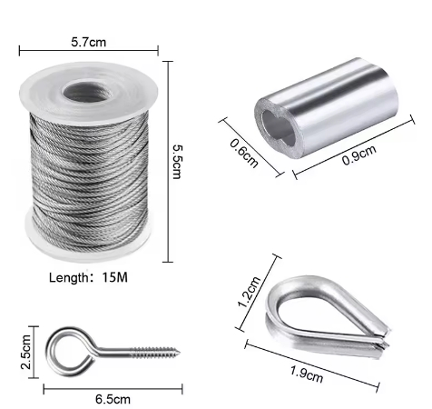 19PCS Garden Wire Cable Railing Kits 15m/50FT PVC Coated Stainless Steel Lag Screw Eye Screw, Turnbuckle Wire Tensioner