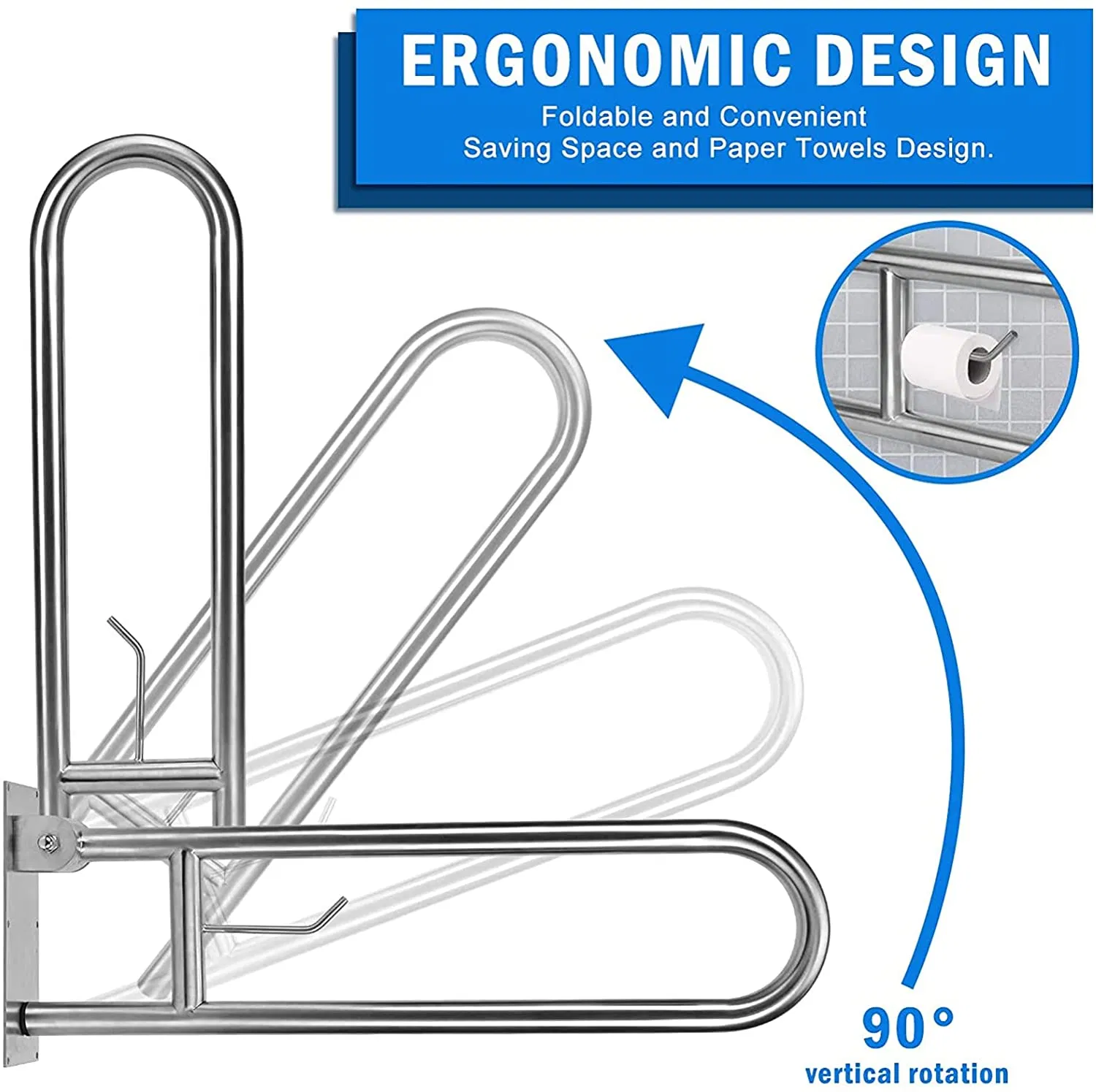 U Shaped Shower Grab Bar with Paper Holder Stainless Steel Grab Bar