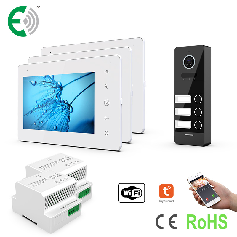 2-Wire Smart Home Security Small Building Intercom System for 3 Families with 7"Touch Screen