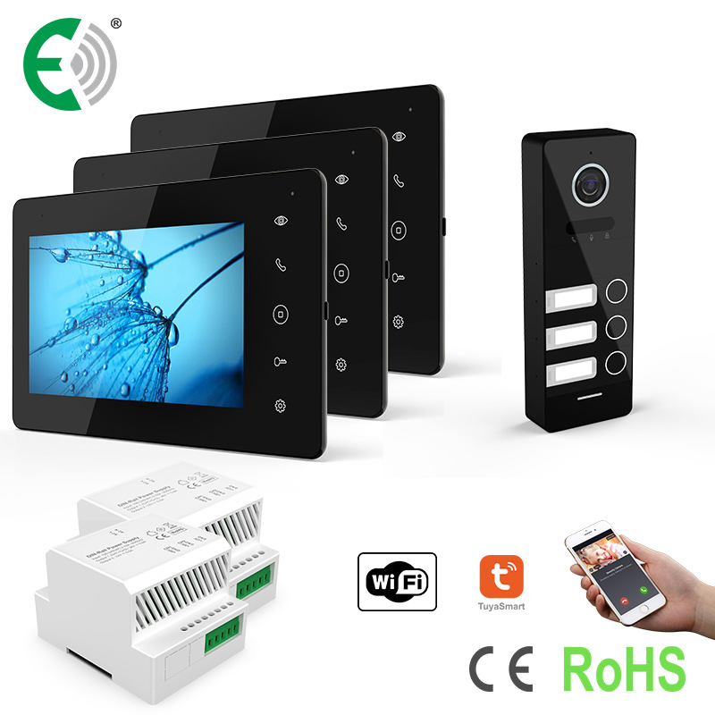 2-Wire Smart Home Security Small Building Intercom System for 3 Families with 7"Touch Screen