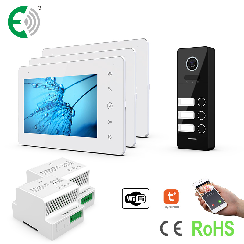 2-Wire Smart Home Security Small Building Intercom System for 3 Families with 7"Touch Screen