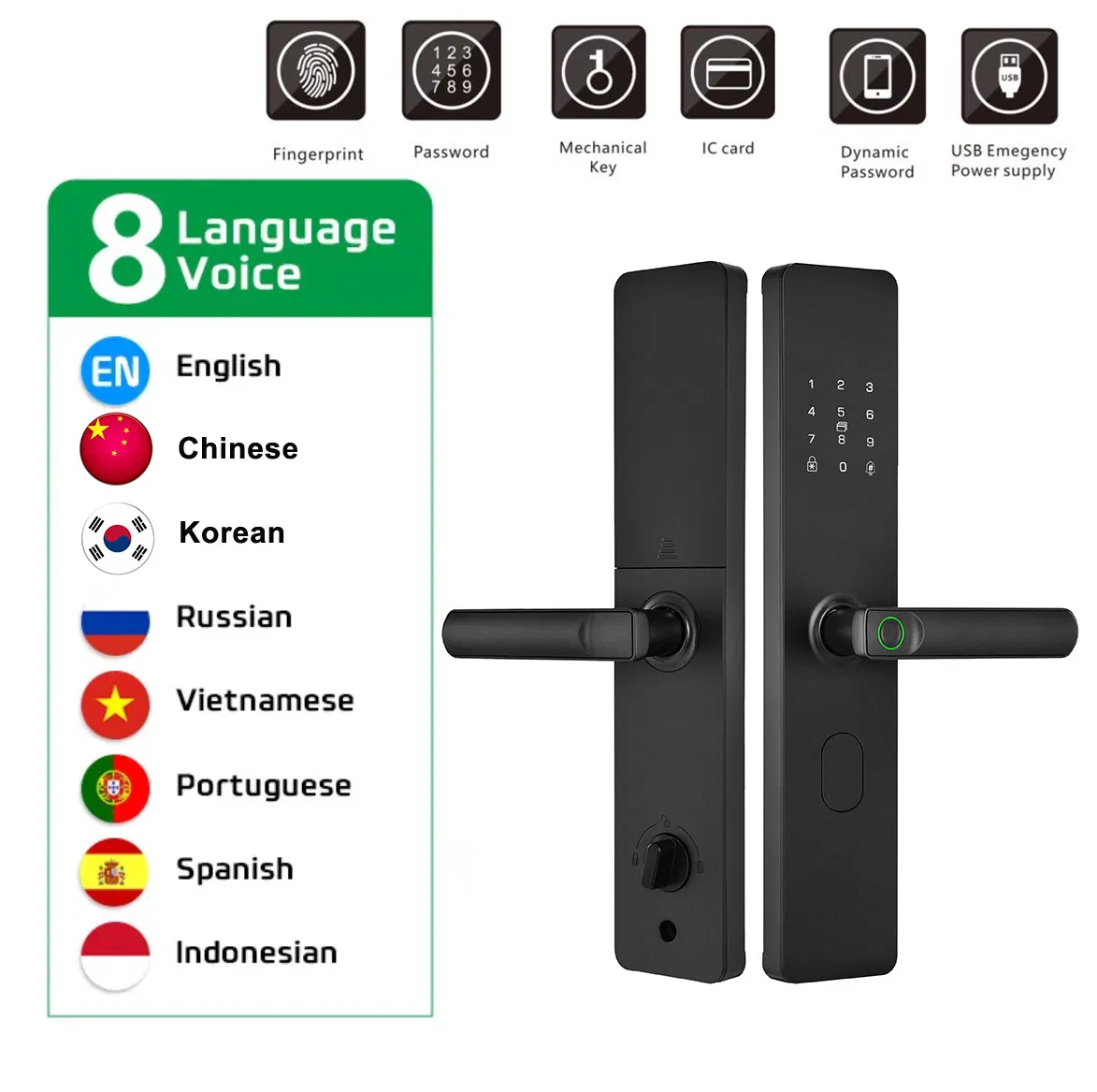 8 Language Voice Tt WiFi Digital Fingerprint Cerradura Inteligente Smart Door Lock