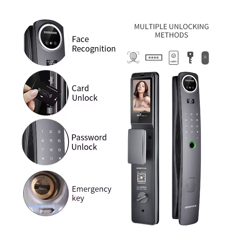 Tuya WiFi Smart Lock with Camera 3D Face Fingerprint Recognition Aluminum Alloy Doorbell Intelligent Lock for Wood Doors